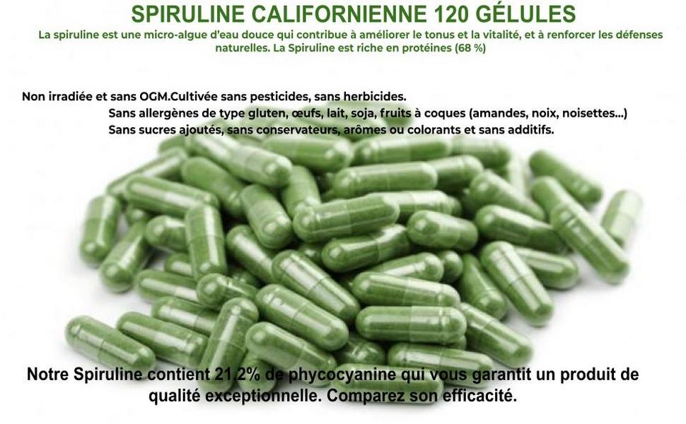 Spiruline 120 gélules fabriquée en France.