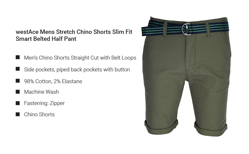 westAce Mens Stretch Chino Shorts Slim Fit Smart Belted Half Pant 9 BWLT-SSA19-3