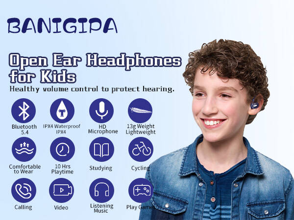 BANIGIPA Kids Headphones Open Ear Headphones Bluetooth 5.3 Headset w/Mic for School Protect Hearing