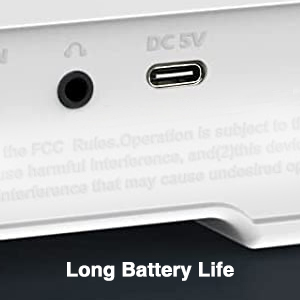 Close-up of the DC 5V charging port on the LEKATO Mini Guitar Amplifier, indicating long battery life.