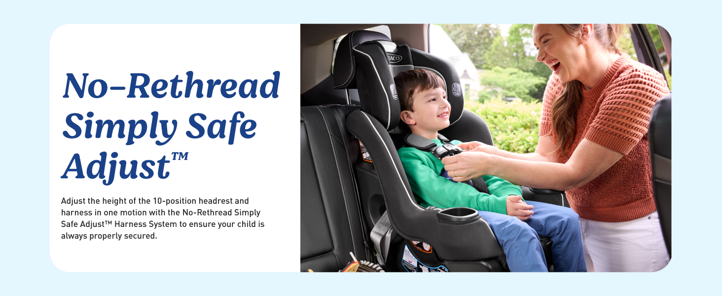 No-Rethread Simply Safe Adjust harness height headrest easy adjust safety always secure baby toddler
