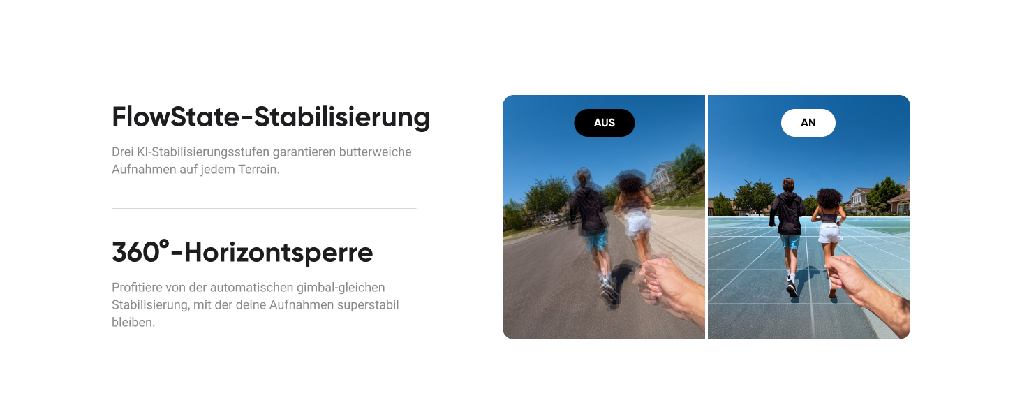 Le texte indique « Stabilisation FlowState » et « Verrouillage d'horizon à 360° ». Deux photos de démonstration montrent la fonction de stabilisation de la caméra en extérieur.