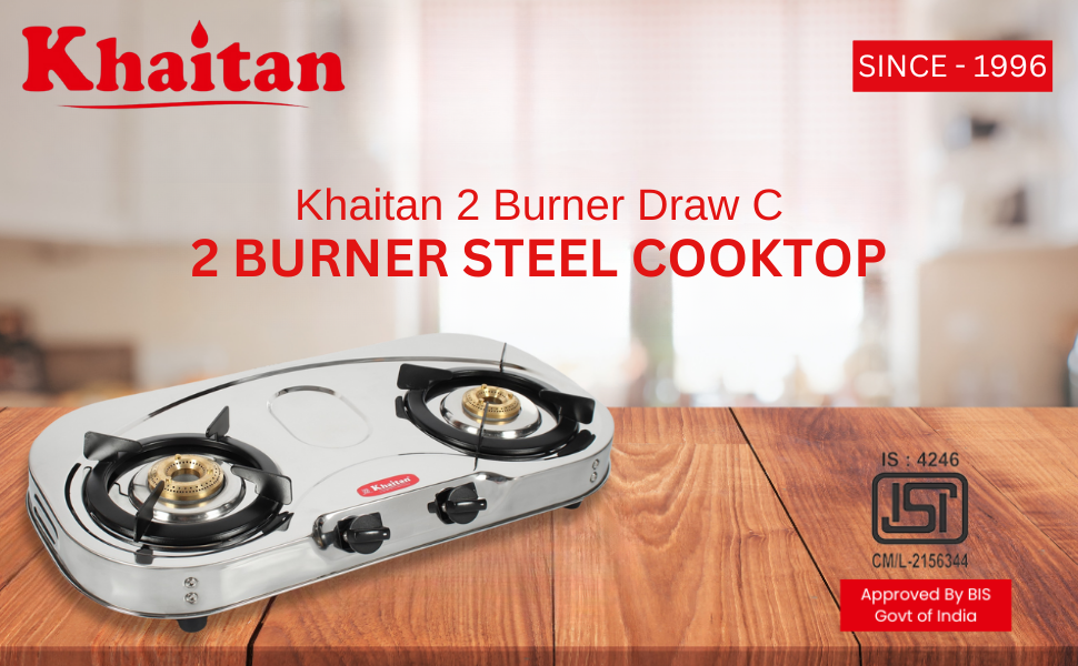 Khaitan 2 Burner Draw C, Stainless Steel Manual Ignition LP Gas Stove with Brass Burner