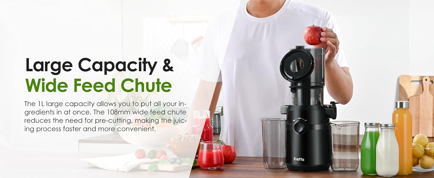 Cold Press Juicer Machines,Fretta Slow Masticating Juicer With 108mm &1.0L Hopper For Whole Fruits And Vegetables,200W Self Feeding High Yield Juice Extractor,BPA Free Tritan, (Pure Black