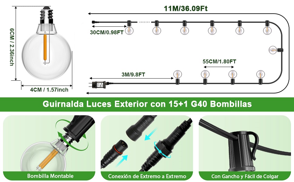 El texto dice «Guirnalda Luces Exterior con 15+1 G40 Bombillas». Diagrama técnico que muestra las medidas de las cadenas de luces y las imágenes del producto con las conexiones y los clips de las bombillas.