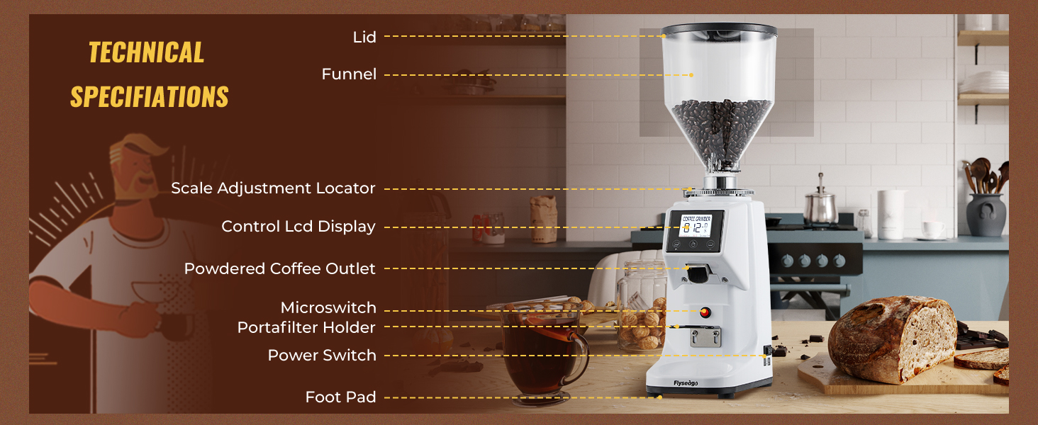 Flyseago Electric Coffee Grinder Flat Burr Grinder Coffee 19 Settings & Digital