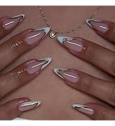White French Tip Press on Nails Gold Line Fake Nails Medium Almond False Nails with Design Nude G...