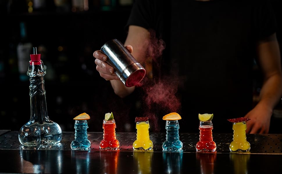 Cool and quirky shot glassware set, a conversation piece for any cocktail party