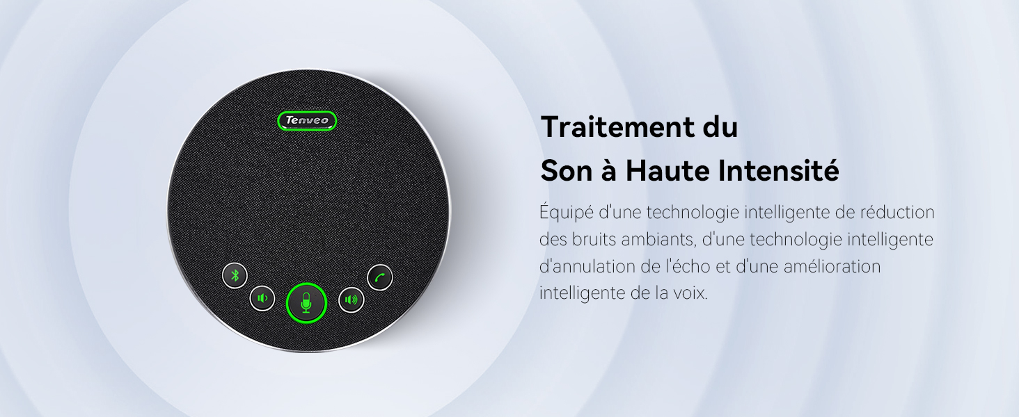 Haut-parleur de conférence circulaire noir avec indicateurs LED verts et boutons de commande, doté d'une fonctionnalité de traitement du son à haute intensité