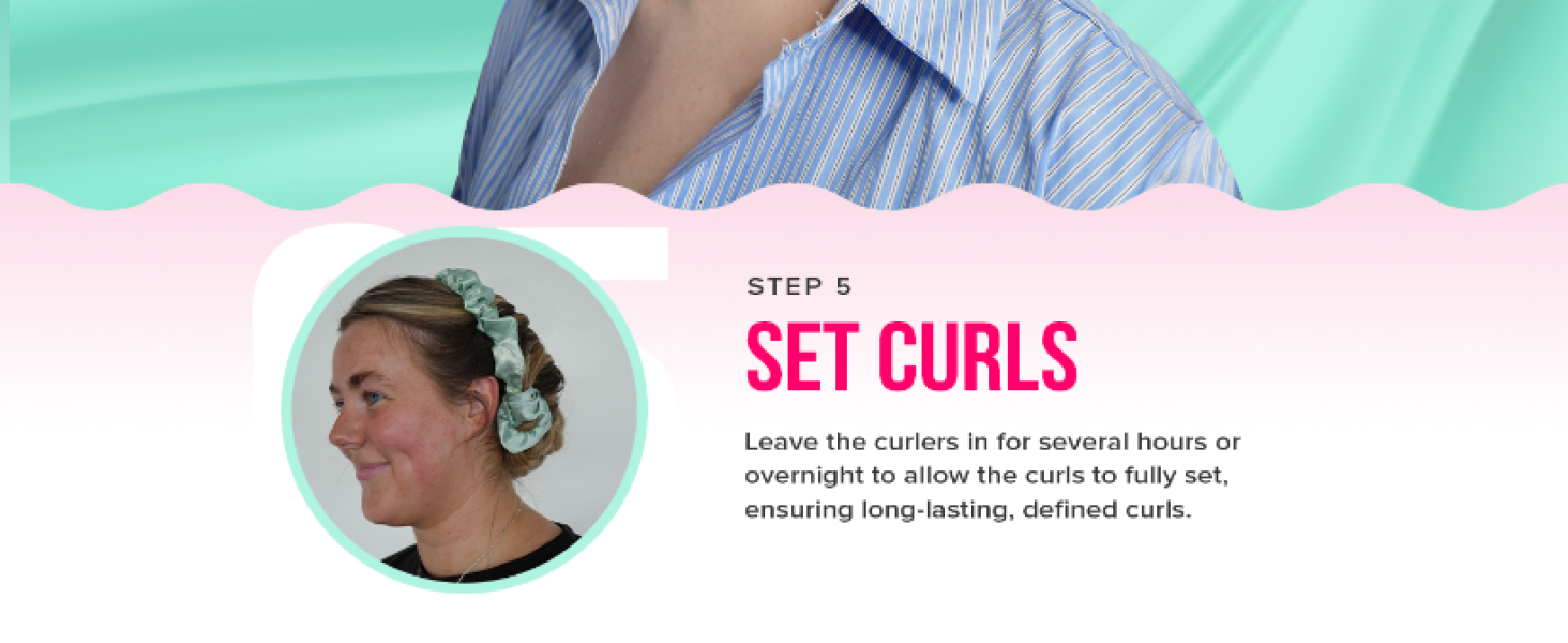 Instructional hair styling step showing 'Set Curls' text with guidance about leaving curls to set for several hours.