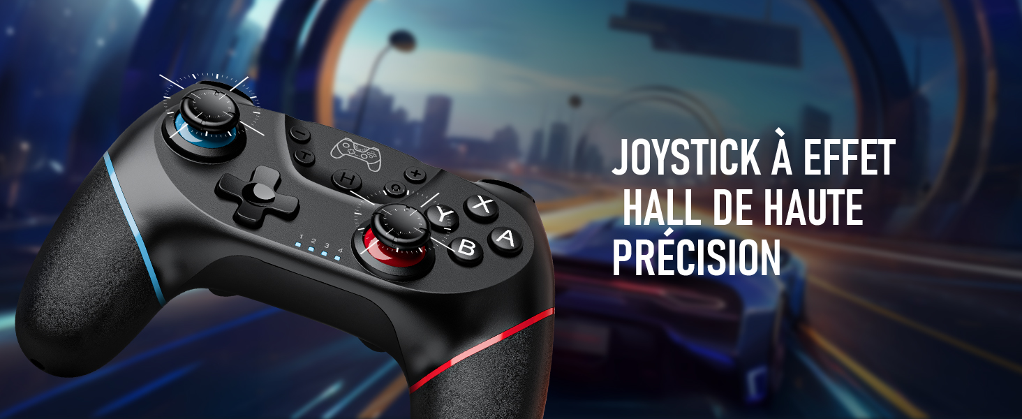 avec joysticks asymétriques, boutons et éclairage LED. Comprend le texte « Joystick à effet Hall de haute précision », indiquant des joysticks à effet Hall de haute précision
