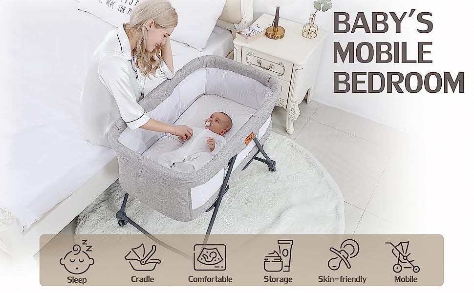 TDOO Portable Movable Crib, Foldable, Baby with Mosquito Shade