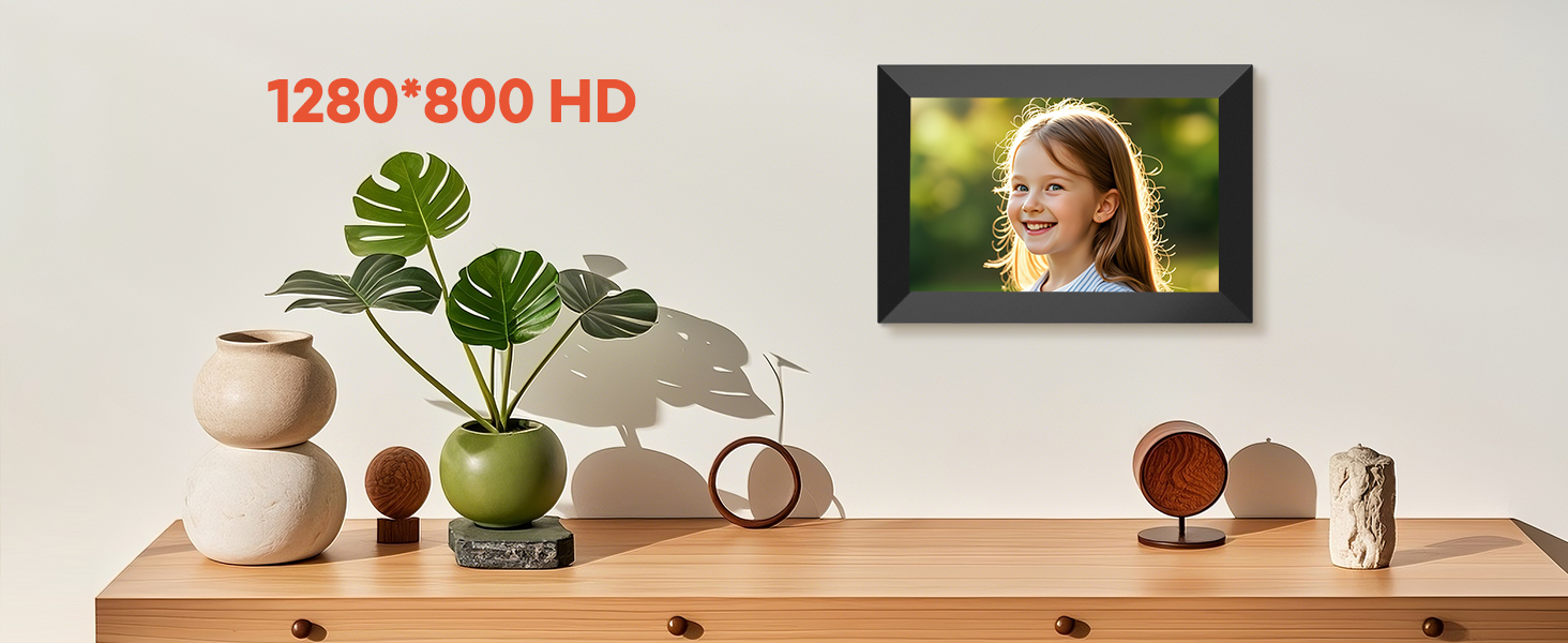 Smart digital photo album with HD display, perfect for showcasing family photos with remote sharing options