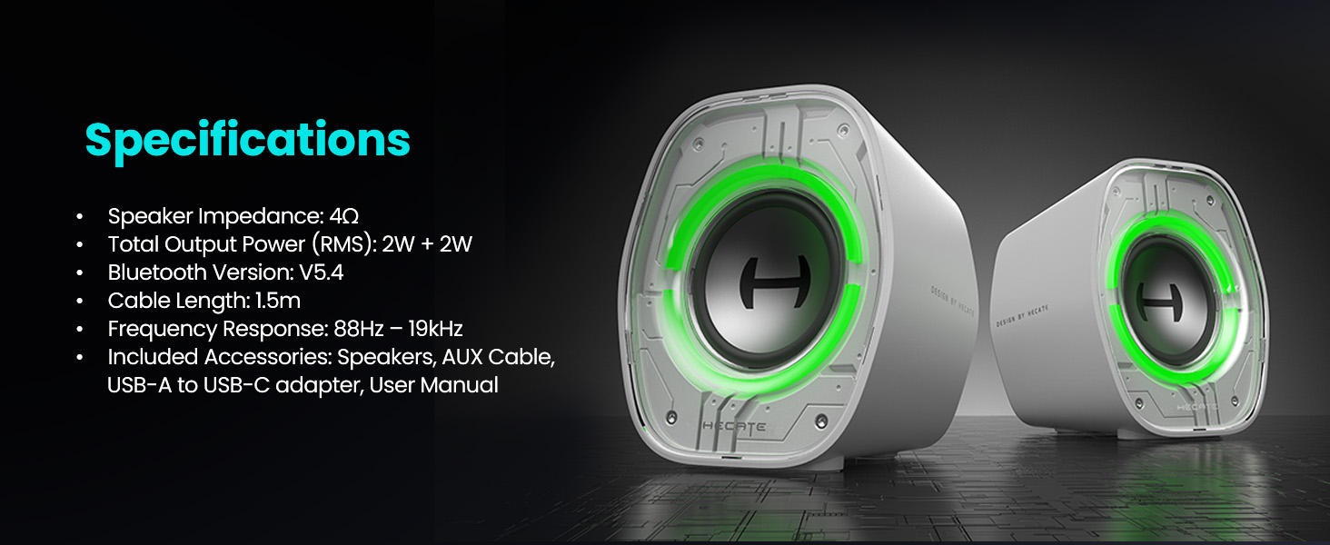 Text reads 'Specifications'. Close-up product shot showing robotic or electronic eyes with bright green illumination against dark background.