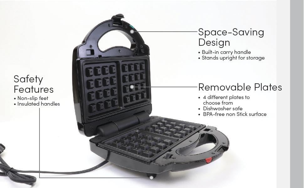 grill; griddle; sandwich maker; waffle maker; replaceable plates; non-stick sandwich maker;