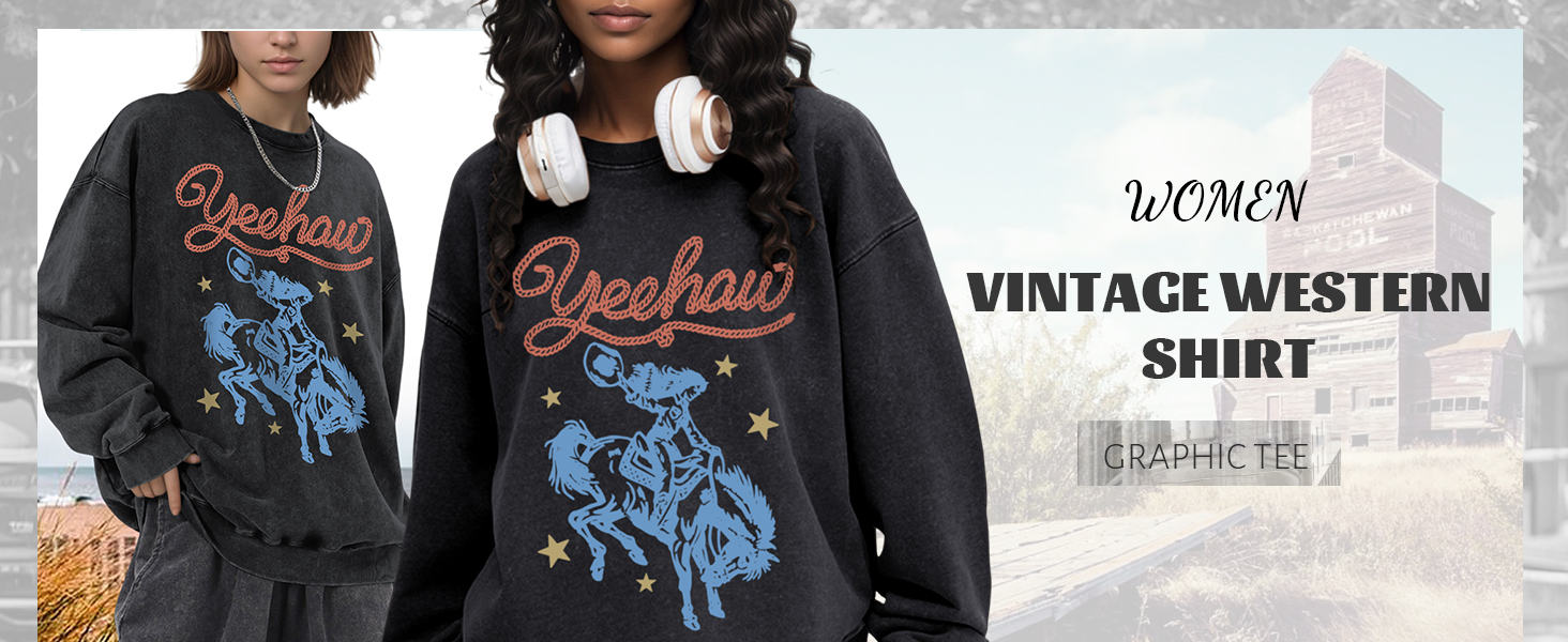 Western Sweatshirts for Women Vintage Cowgirl Sweatshirt Acid Wash Cowboys Crewneck Country Pullover