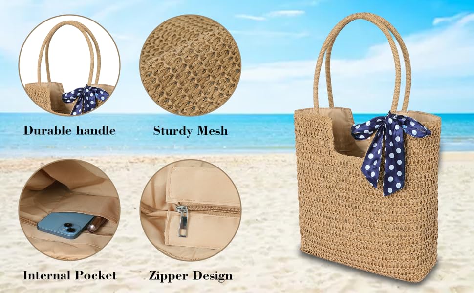 Straw Beach Bags for Women - Summer Soft Large Woven Shoulder Purse Handbag for Women for Holiday