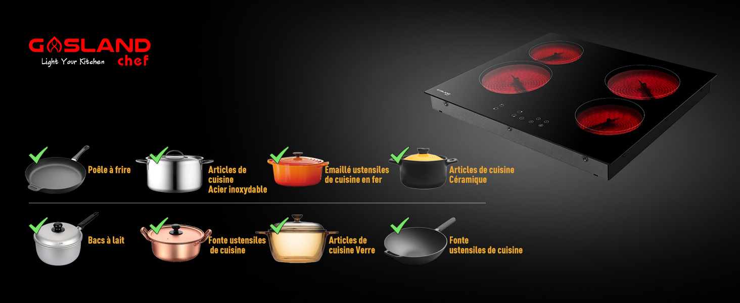 Table De Cuisson, Gasland Chef CH60BF Vitrocéramique 60cm 4 Foyers 6000W- Plaques (Intégré, Verre-céramique, Noir, Toucher, Devant) 21 plaque de cuisson en céramique