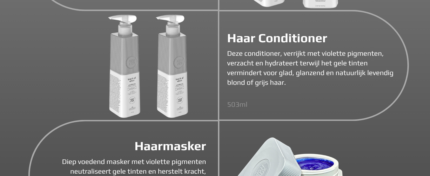 De tekst luidt 'Hair Conditioner' en 'Haiermaker'. Productdiagram met grijze flessen en apparaat tegen een donkere achtergrond.