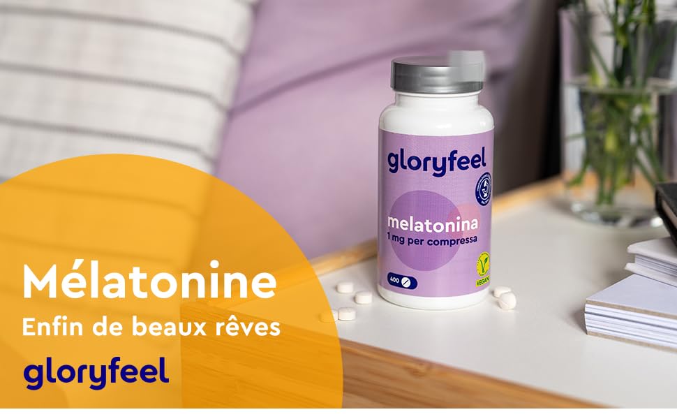 Bouteille de suppléments de mélatonine Gloryfeel posée sur une table, avec le texte « Mélatonine Enfin de beaux rêves gloryfeel » au premier plan