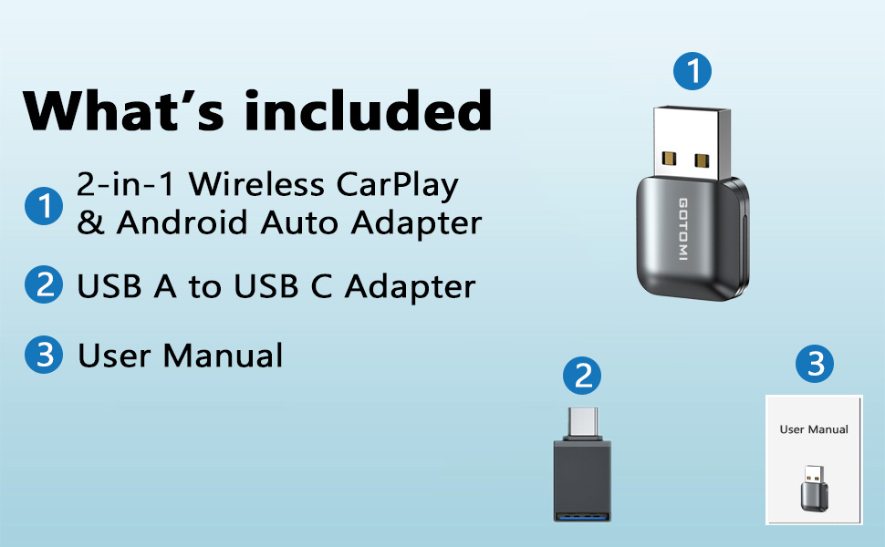 package details of GOTOMI wireless CarPlay & Android Auto adapter