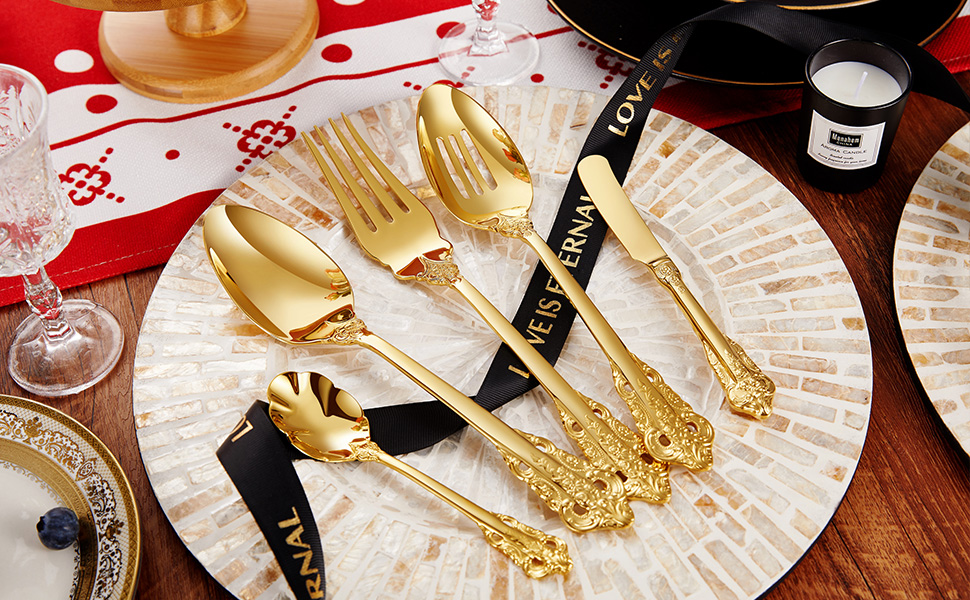 KEAWELL 65 Piece Gold Flatware Box Sets of Steel Knives and Forks, Heavy