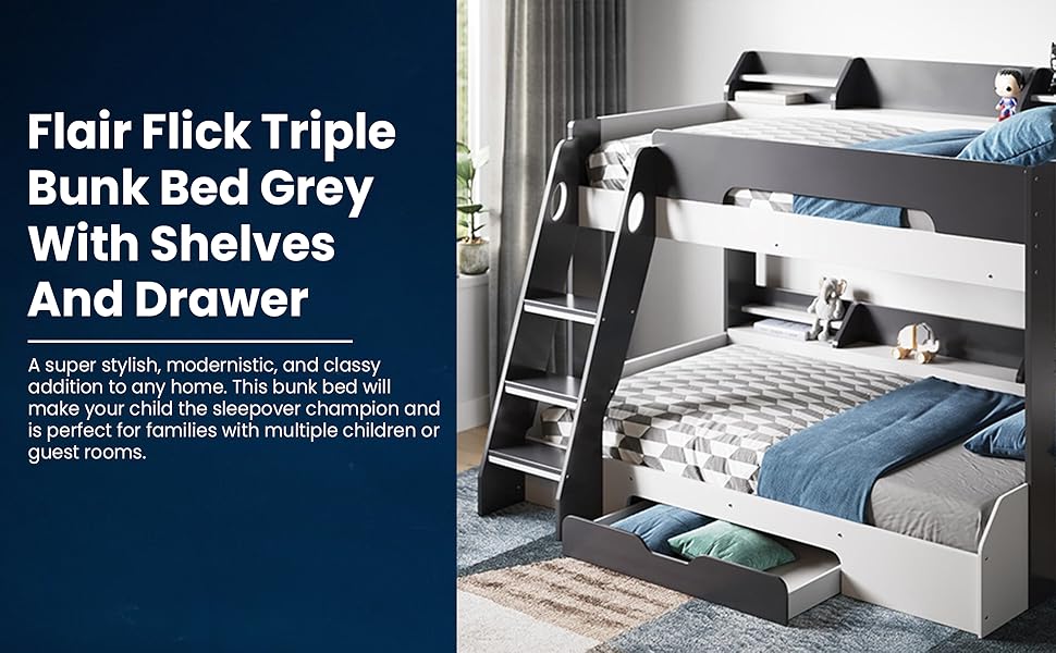 Flair Flick Triple Bunk Bed With Shelves And Drawer Grey Amazon.co