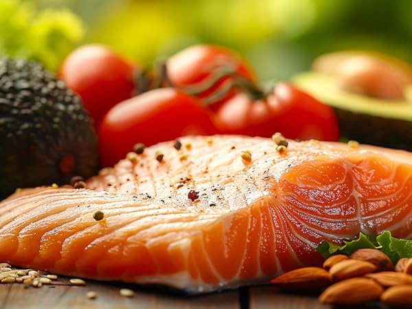 BulkSupplements Omega 3-6-9 Softgels Benefits A slice of salmon together with fruits and vegetables