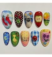 IMRAIN Press on Nails Medium Almond Fake Nails with Cute Pattern Design Blue Red Acrylic False Na...