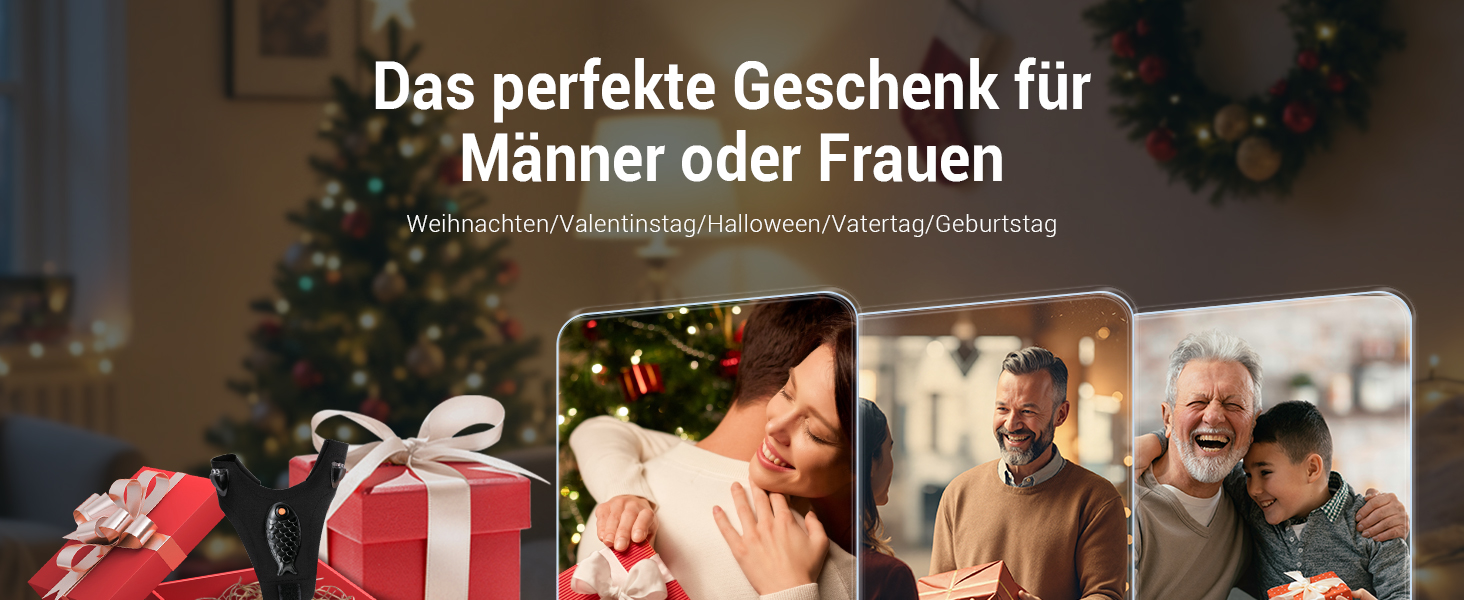 Der Text lautet „Das perfekte Geschenk für Männer oder Frauen“. Gleiche Marketingcollage wie Bild 4, die Geschenkboxen und festliche Szenen zeigt.