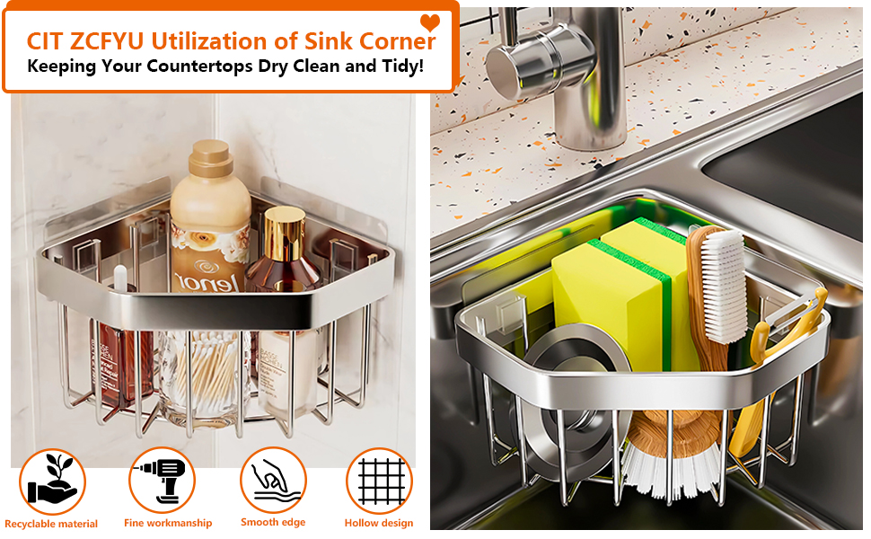 Corner Sponge Holder for Kitchen Sink, Adhesive Kitchen