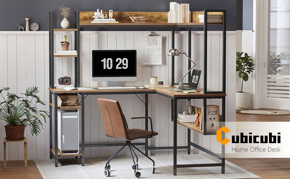 CubiCubi LShaped Desk with Hutch, 150x120x144 cm Corner Computer Desk