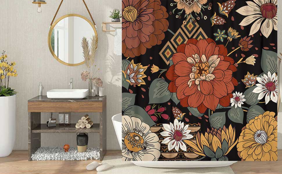 Boho Floral Shower Curtain, Bohemian Tropical Flower Leaves