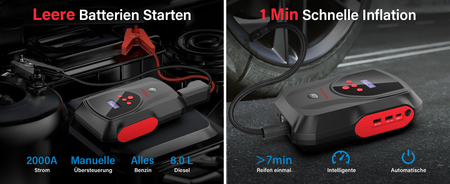 TPfocus 2000A Starthilfe Powerbank 2in1 mit 150 PSI Elektrische Luftpumpe, 12V Auto Batterie