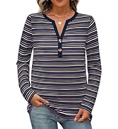 MEROKEETY Women's Fall Long Sleeve Striped Henley Tops V Neck Dressy Casual Loose Shirt 2025 Tren...