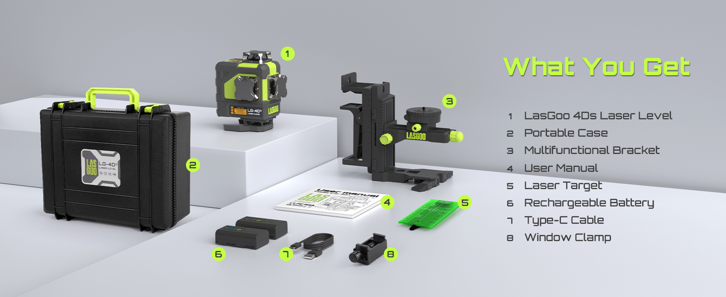 LasGoo 4Ds Laser Level ,Window Clamp ,Laser Target ,Rechargeable Batteries ,Multifunctional Bracket