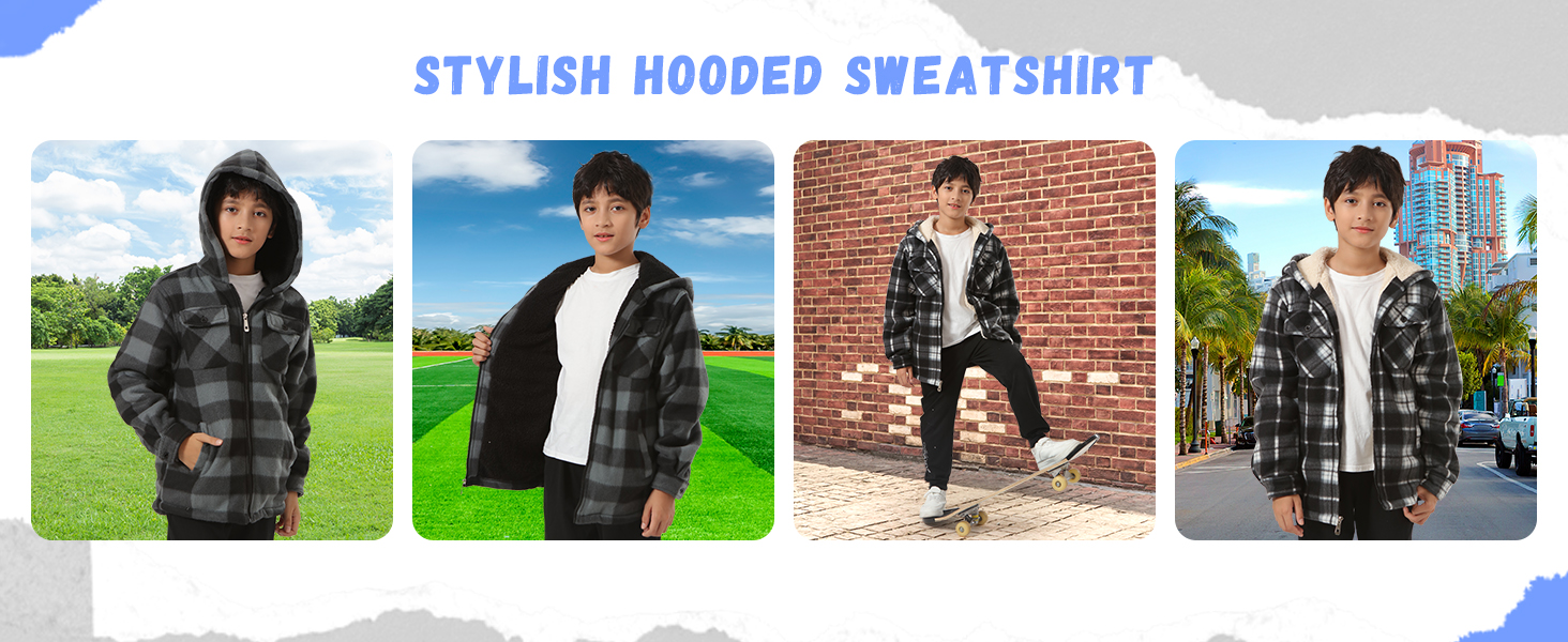 Vier Werbefotos, die ein Sweatshirt mit Kapuze in verschiedenen Umgebungen zeigen, zeigen lässige Styling-Optionen und Vielseitigkeit