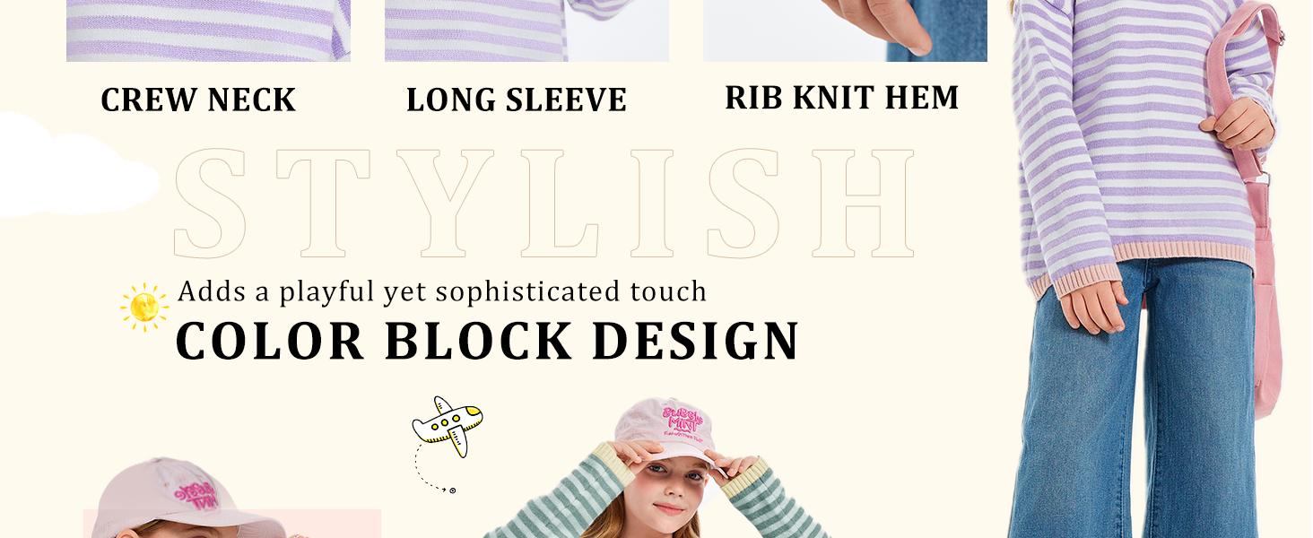 Girls Sweater Casual Long Sleeve Crewneck Striped Color Block Knit Pullover Tops