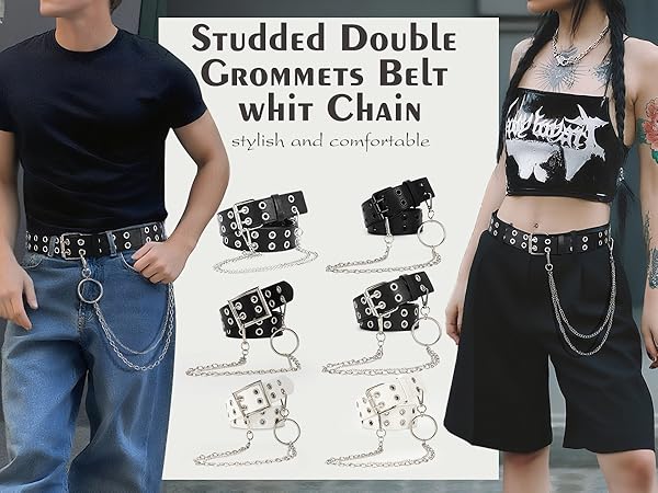 SUOSDEY Double Grommet Leather Belt with Detachable Chain