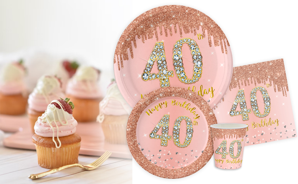 16Pcs 40th Birthday Rose Gold Paper Plates 7 inch,40th Rose Gold Woman
