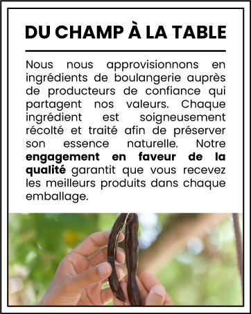 en français « Du Champ à La Table » avec la main ce qui semble être un ingrédient naturel, discutant des ingrédients et de l'emballage de qualité