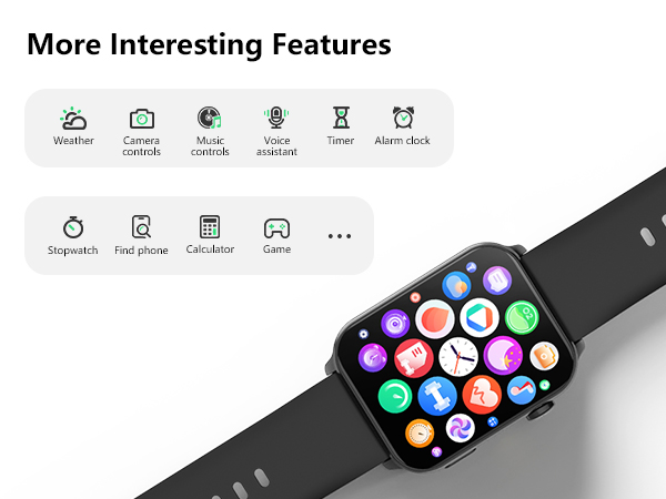 Series of smartwatch interface screenshots displaying colorful app icons and menu layouts with text reading 'More Interesting Features'.