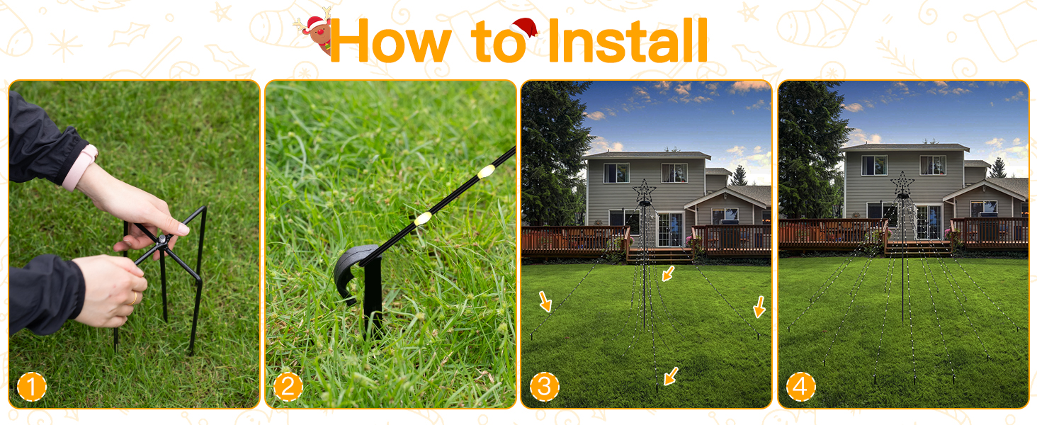 Text reads: 'How to Install'. Step-by-step installation guide showing process of installing lawn stakes or markers in grass, numbered 1-4.