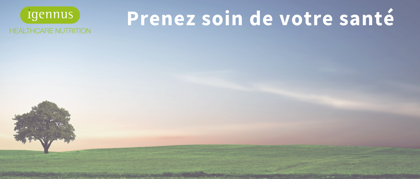 Le texte indique « Prenez soin de votre santé » (« Prenez soin de votre santé »). Image de paysage montrant des champs brumeux au lever ou au coucher du soleil avec des arbres en silhouette à l'horizon.