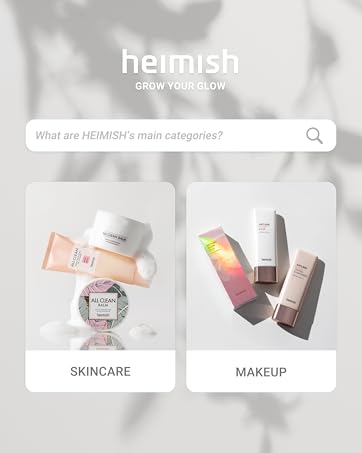 Beauty product website homepage featuring Heimish brand. Displays search bar and two product categories: skincare and makeup, with product images for each category.