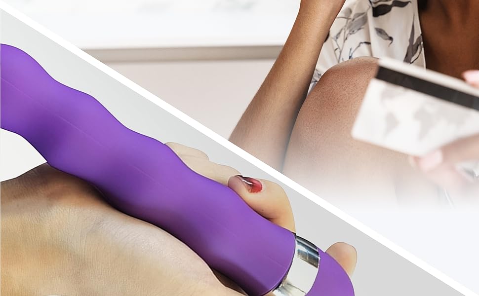 Close-up of a purple cylindrical device held in hand, possibly an electronic personal massager or beauty tool. Partial view of a person using the device.