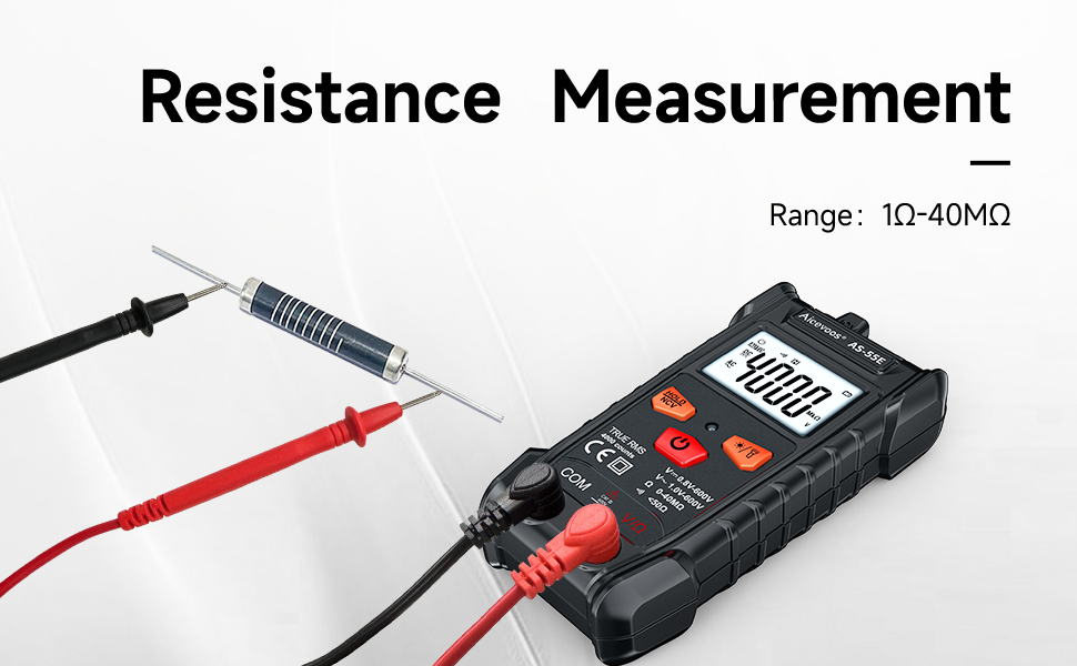 Digital multimeter with red and black probes displaying resistance measurement capability with 10-40MΩ range.