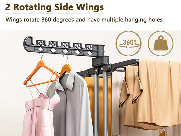 Text reads '2 Rotating Side Wings' and 'Wings rotate 360 degrees and have multiple hanging holes'. Images show clothing rack with rotating wing attachments.