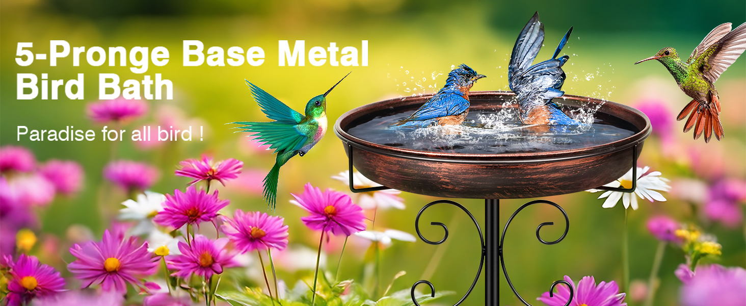 Dekoratives Vogelbad mit 5-poligem Metallsockel. Mit Wasser gefüllte Schale, umgeben von bunten Kolibris und rosafarbenen Blumen. Der Text beschreibt es als „Paradies für