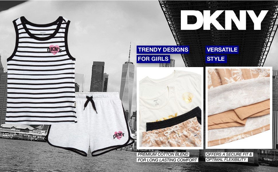 DKNY Girls Short Sets,4 Piece Short Sleeve Shirt, Athletic Tank Top, Dolphin Shorts and Tennis Skirt